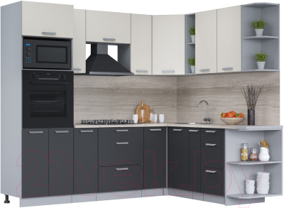 Кухонный гарнитур Интерлиния Мила Лайт 1.88x2.4 правая (персидский жемчуг/антрацит/травертин серый) - фото