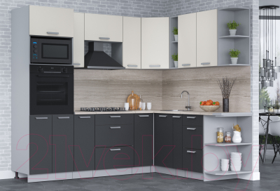 Кухонный гарнитур Интерлиния Мила Лайт 1.88x2.4 правая (персидский жемчуг/антрацит/травертин серый)