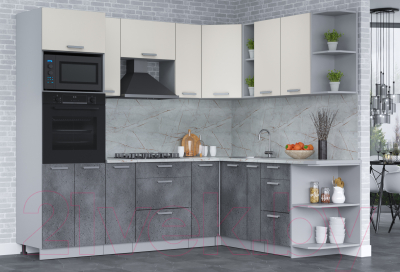 Кухонный гарнитур Интерлиния Мила Лайт 1.88x2.4 правая (персидский жемчуг/бетон портленд/серый каспий)