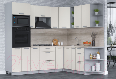 Кухонный гарнитур Интерлиния Мила Лайт 1.88x2.4 правая (персидский жемчуг/перс. жемчуг/травертин серый)