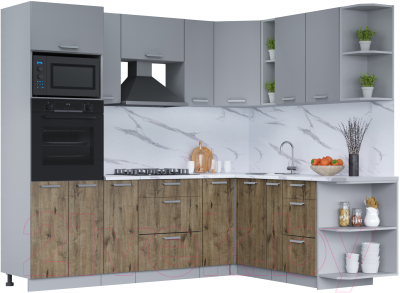 Кухонный гарнитур Интерлиния Мила Лайт 1.88x2.4 правая (серебро/дуб веллингтон/белый гранит) - фото