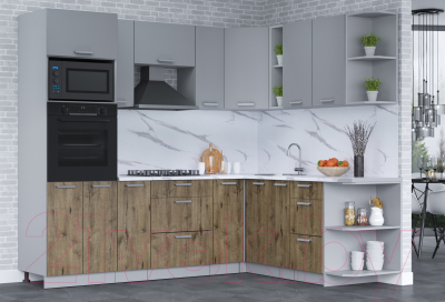 Кухонный гарнитур Интерлиния Мила Лайт 1.88x2.4 правая (серебро/дуб веллингтон/белый гранит)