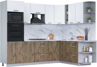 Кухонный гарнитур Интерлиния Мила Лайт 1.88x2.6 правая (белый платинум/дуб веллингтон/белый гранит) - фото