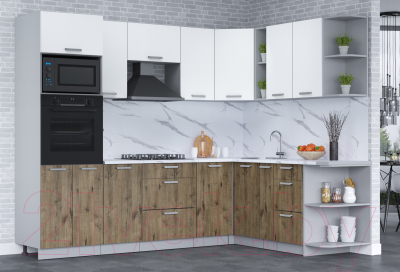 Кухонный гарнитур Интерлиния Мила Лайт 1.88x2.6 правая (белый платинум/дуб веллингтон/белый гранит)