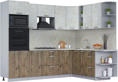Кухонный гарнитур Интерлиния Мила Лайт 1.88x2.6 правая (бетон лайт/дуб веллингтон/опал светлый) - фото