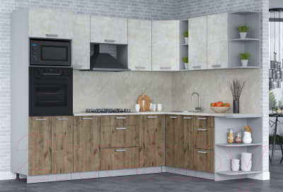 Кухонный гарнитур Интерлиния Мила Лайт 1.88x2.6 правая (бетон лайт/дуб веллингтон/опал светлый)