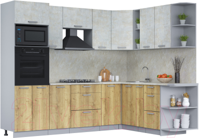 Кухонный гарнитур Интерлиния Мила Лайт 1.88x2.6 правая (бетон лайт/дуб золотой/опал светлый) - фото