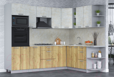 Кухонный гарнитур Интерлиния Мила Лайт 1.88x2.6 правая (бетон лайт/дуб золотой/опал светлый)