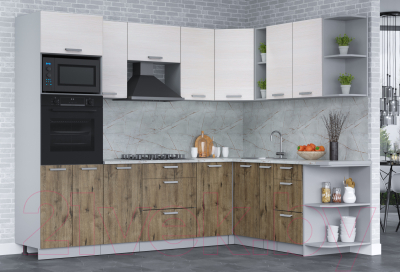 Кухонный гарнитур Интерлиния Мила Лайт 1.88x2.6 правая (вудлайн кремовый/дуб веллингтон/серый каспий)