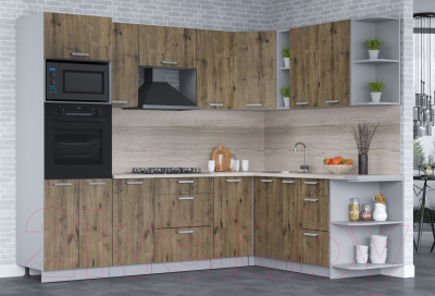 Кухонный гарнитур Интерлиния Мила Лайт 1.88x2.6 правая (дуб веллингтон/дуб веллингтон/травертин серый)