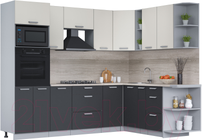Кухонный гарнитур Интерлиния Мила Лайт 1.88x2.6 правая (персидский жемчуг/антрацит/травертин серый) - фото