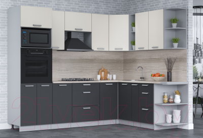 Кухонный гарнитур Интерлиния Мила Лайт 1.88x2.6 правая (персидский жемчуг/антрацит/травертин серый)