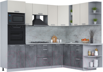 Кухонный гарнитур Интерлиния Мила Лайт 1.88x2.6 правая (персидский жемчуг/бетон портленд/серый каспий) - фото