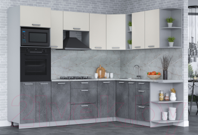 Кухонный гарнитур Интерлиния Мила Лайт 1.88x2.6 правая (персидский жемчуг/бетон портленд/серый каспий)