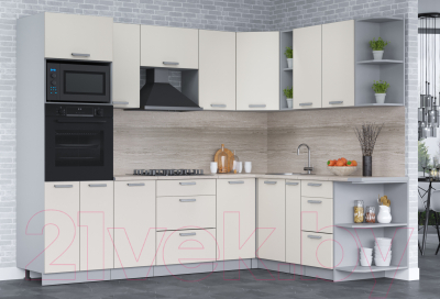 Кухонный гарнитур Интерлиния Мила Лайт 1.88x2.6 правая (персидский жемчуг/персидский жемчуг/травертин серый)