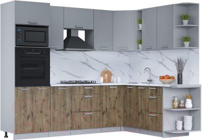 Кухонный гарнитур Интерлиния Мила Лайт 1.88x2.6 правая (серебро/дуб веллингтон/белый гранит) - фото