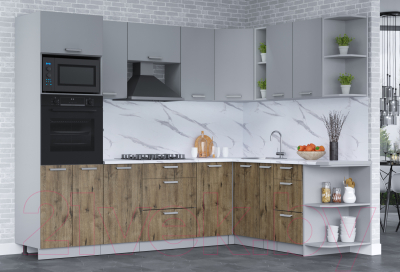 Кухонный гарнитур Интерлиния Мила Лайт 1.88x2.6 правая (серебро/дуб веллингтон/белый гранит)