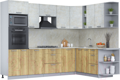 Кухонный гарнитур Интерлиния Мила Лайт 1.88x2.8 правая (бетон лайт/дуб золотой/опал светлый) - фото