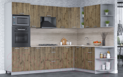 Кухонный гарнитур Интерлиния Мила Лайт 1.88x2.8 правая (дуб веллингтон/дуб веллингтон/травертин серый)