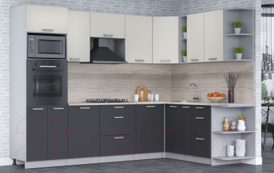 Кухонный гарнитур Интерлиния Мила Лайт 1.88x2.8 правая (персидский жемчуг/антрацит/травертин серый)