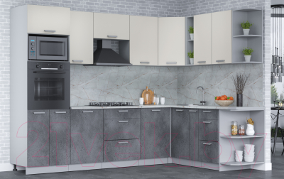 Кухонный гарнитур Интерлиния Мила Лайт 1.88x2.8 правая (персидский жемчуг/бетон портленд/серый каспий)