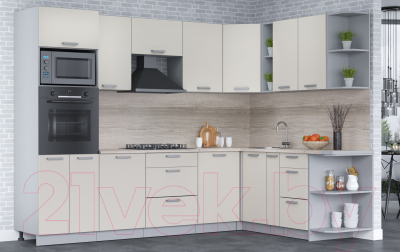 Кухонный гарнитур Интерлиния Мила Лайт 1.88x2.8 правая (персидский жемчуг/перс. жемчуг/травертин серый)
