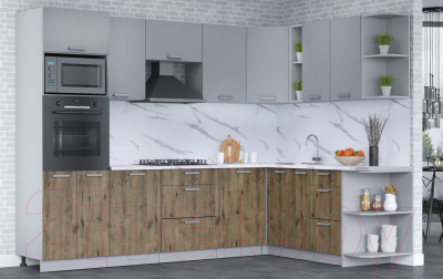 Кухонный гарнитур Интерлиния Мила Лайт 1.88x2.8 правая (серебро/дуб веллингтон/белый гранит)