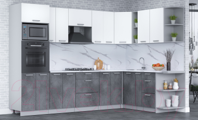 Кухонный гарнитур Интерлиния Мила Лайт 1.88x3.0 правая (белый платинум/бетон портленд/белый гранит)