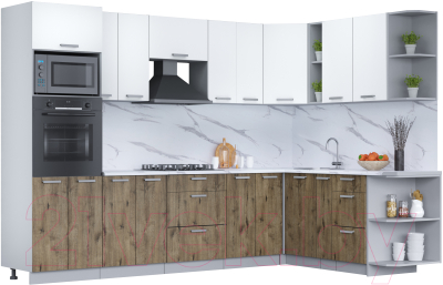 Кухонный гарнитур Интерлиния Мила Лайт 1.88x3.0 правая (белый платинум/дуб веллингтон/белый гранит) - фото