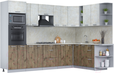 Кухонный гарнитур Интерлиния Мила Лайт 1.88x3.0 правая (бетон лайт/дуб веллингтон/опал светлый) - фото