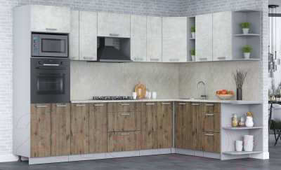 Кухонный гарнитур Интерлиния Мила Лайт 1.88x3.0 правая (бетон лайт/дуб веллингтон/опал светлый)