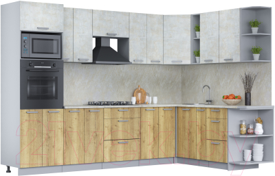 Кухонный гарнитур Интерлиния Мила Лайт 1.88x3.0 правая (бетон лайт/дуб золотой/опал светлый) - фото