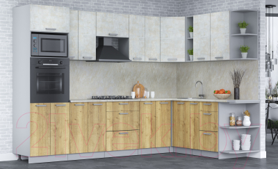 Кухонный гарнитур Интерлиния Мила Лайт 1.88x3.0 правая (бетон лайт/дуб золотой/опал светлый)