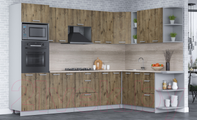 Кухонный гарнитур Интерлиния Мила Лайт 1.88x3.0 правая (дуб веллингтон/дуб веллингтон/травертин серый)