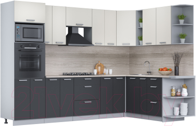 Кухонный гарнитур Интерлиния Мила Лайт 1.88x3.0 правая (персидский жемчуг/антрацит/травертин серый) - фото