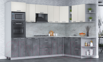 Кухонный гарнитур Интерлиния Мила Лайт 1.88x3.0 правая (персидский жемчуг/бетон портленд/серый каспий)