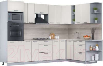 Кухонный гарнитур Интерлиния Мила Лайт 1.88x3.0 правая (персидский жемчуг/перс. жемчуг/травертин серый) - фото