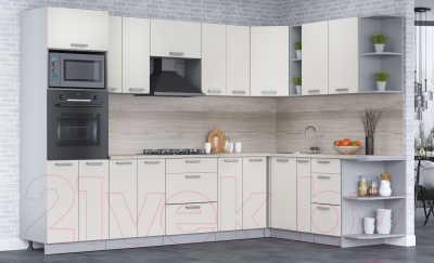 Кухонный гарнитур Интерлиния Мила Лайт 1.88x3.0 правая (персидский жемчуг/перс. жемчуг/травертин серый)