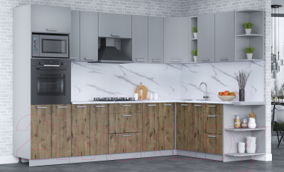 Кухонный гарнитур Интерлиния Мила Лайт 1.88x3.0 правая (серебро/дуб веллингтон/белый гранит)