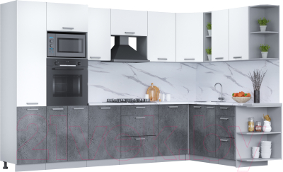 Кухонный гарнитур Интерлиния Мила Лайт 1.88x3.2 правая (белый платинум/бетон портленд/белый гранит) - фото