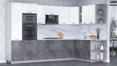 Кухонный гарнитур Интерлиния Мила Лайт 1.88x3.2 правая (белый платинум/бетон портленд/белый гранит)