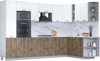 Кухонный гарнитур Интерлиния Мила Лайт 1.88x3.2 правая (белый платинум/дуб веллингтон/белый гранит) - фото