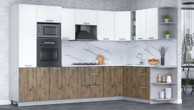 Кухонный гарнитур Интерлиния Мила Лайт 1.88x3.2 правая (белый платинум/дуб веллингтон/белый гранит)