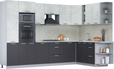 Кухонный гарнитур Интерлиния Мила Лайт 1.88x3.2 правая (бетон лайт/антрацит/опал светлый) - фото