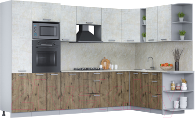 Кухонный гарнитур Интерлиния Мила Лайт 1.88x3.2 правая (бетон лайт/дуб веллингтон/опал светлый) - фото