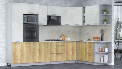 Кухонный гарнитур Интерлиния Мила Лайт 1.88x3.2 правая (бетон лайт/дуб золотой/опал светлый)