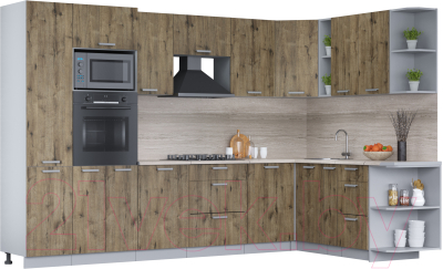 Кухонный гарнитур Интерлиния Мила Лайт 1.88x3.2 правая (дуб веллингтон/дуб веллингтон/травертин серый) - фото