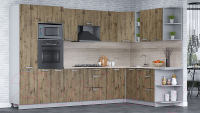 Кухонный гарнитур Интерлиния Мила Лайт 1.88x3.2 правая (дуб веллингтон/дуб веллингтон/травертин серый)