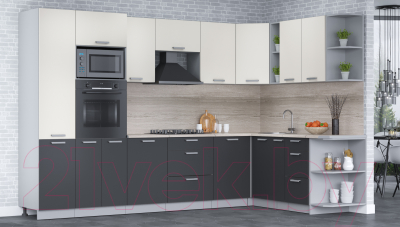 Кухонный гарнитур Интерлиния Мила Лайт 1.88x3.2 правая (персидский жемчуг/антрацит/травертин серый)