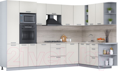 Кухонный гарнитур Интерлиния Мила Лайт 1.88x3.2 правая (персидский жемчуг/перс. жемчуг/травертин серый) - фото